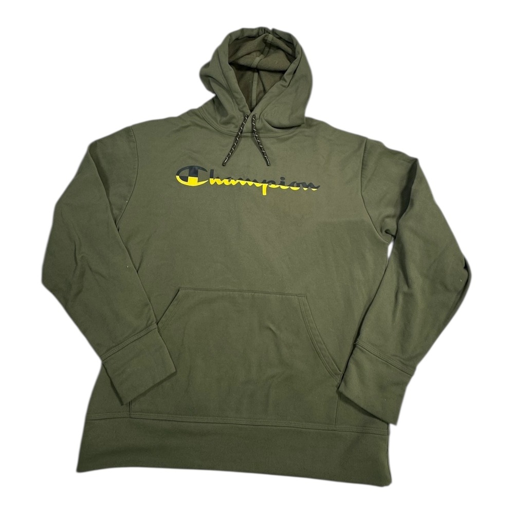 Champion Hoodie Green Script Logo Pullover Hooded Sweatshirt Men Size Medium